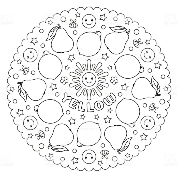 kreisförmiges Bild mit Zitronen und Birnen, Sonne in der Mitte, Mandala Kinder, Bienen und Smiley Faces