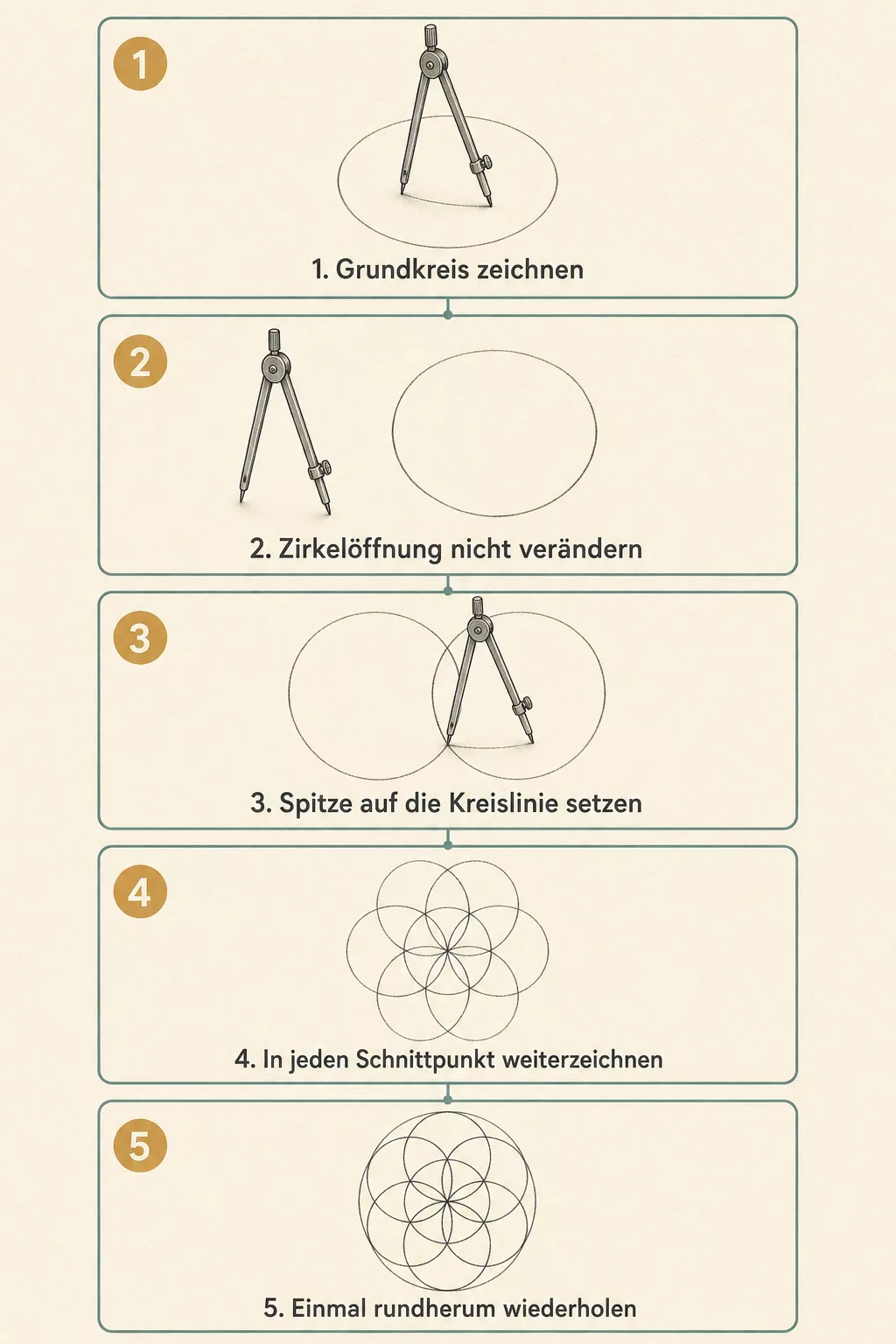 Fünf nummerierte Schritte zeichnen die Blume des Lebens mit Zirkel