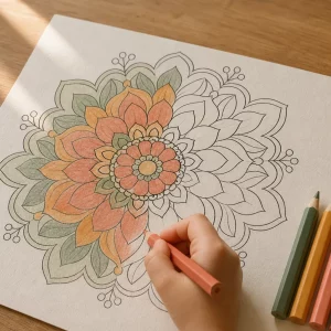 Mandalas für Kinder: Kinderhand malt Blumenmandala mit Buntstift aus