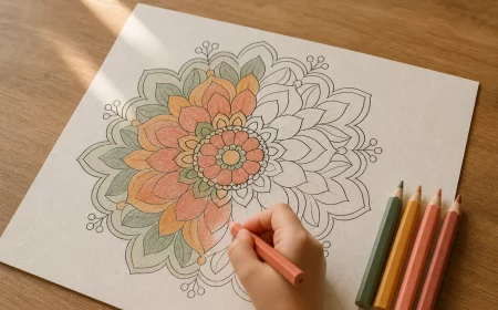 Mandalas für Kinder: Kinderhand malt Blumenmandala mit Buntstift aus