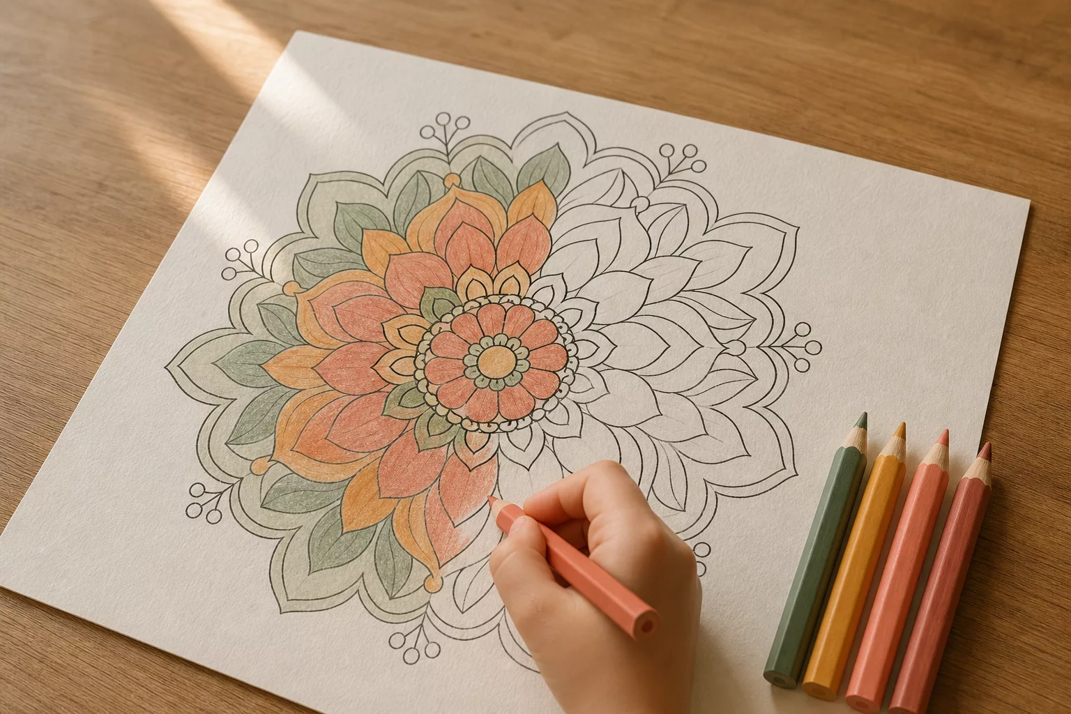 Mandalas für Kinder: Kinderhand malt Blumenmandala mit Buntstift aus