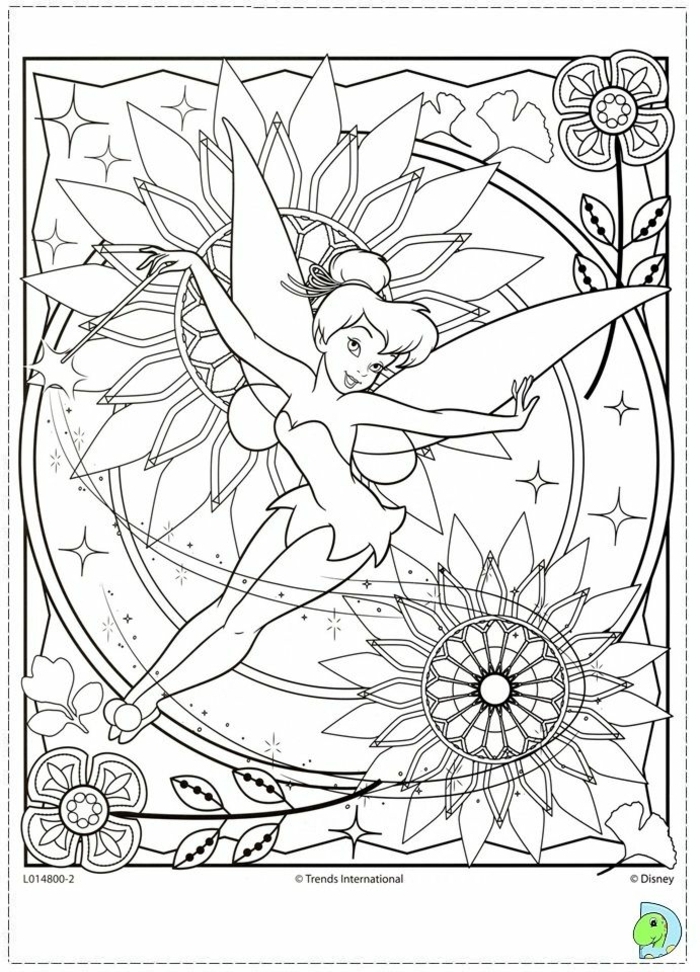 Zeichnung von Tinkerbell, Disney Film Peter Pan, Blumen mit Mandala Muster, Bilder zum ausdrucken kostenlos