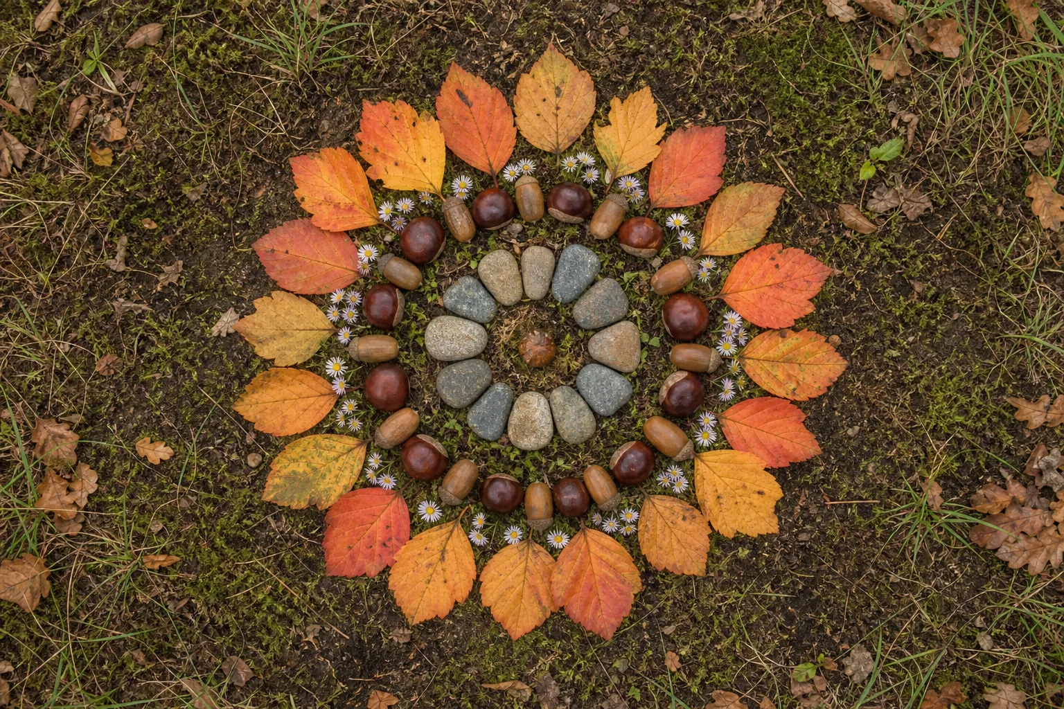 Natur-Mandala aus Blättern, Kastanien und Steinen auf Waldboden gelegt