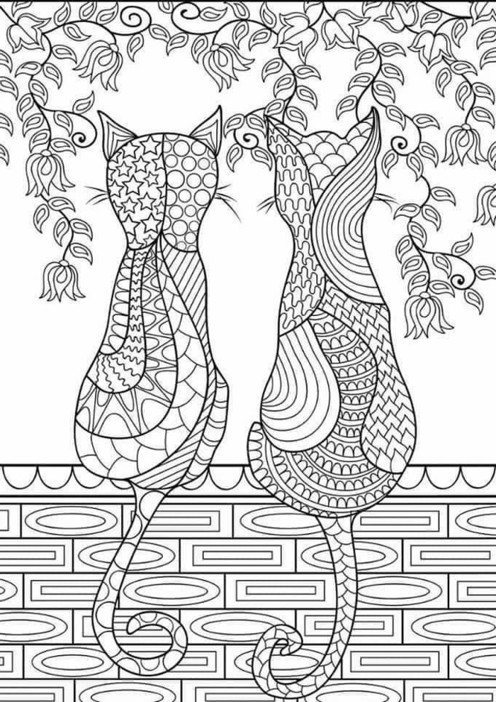 Zeichnung von zwei Katzen auf einer Mauer, Bilder zum Ausdrucken kostenlos mit Mandala Muster