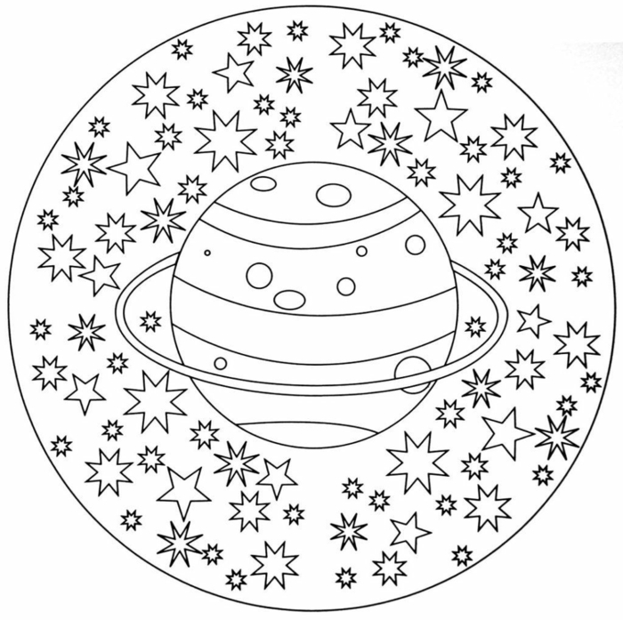 kreisförmiges Bild mit großem Planeten und vielen Sternen, Mandala Ausmalbilder für Kinder