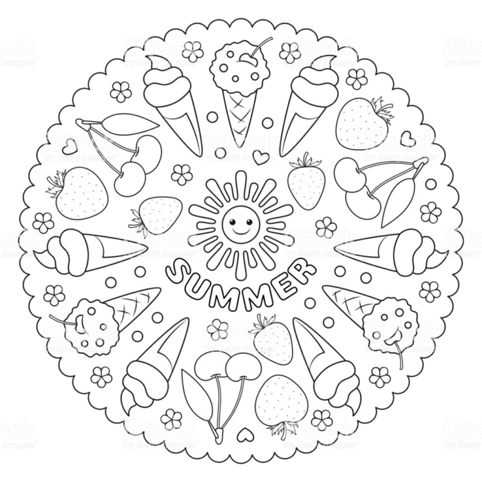 Sommer Bilder zum Ausmalen, Kreisförmige Zeichnung mit aufgemalten Kirschen und Erdbeeren, Mandala Ausmalbilder