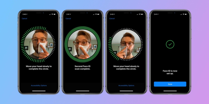 neues update für die app faceid von apple, ein mann mit brille und mundschutz gegen das neue coronavirus, vier handys apple