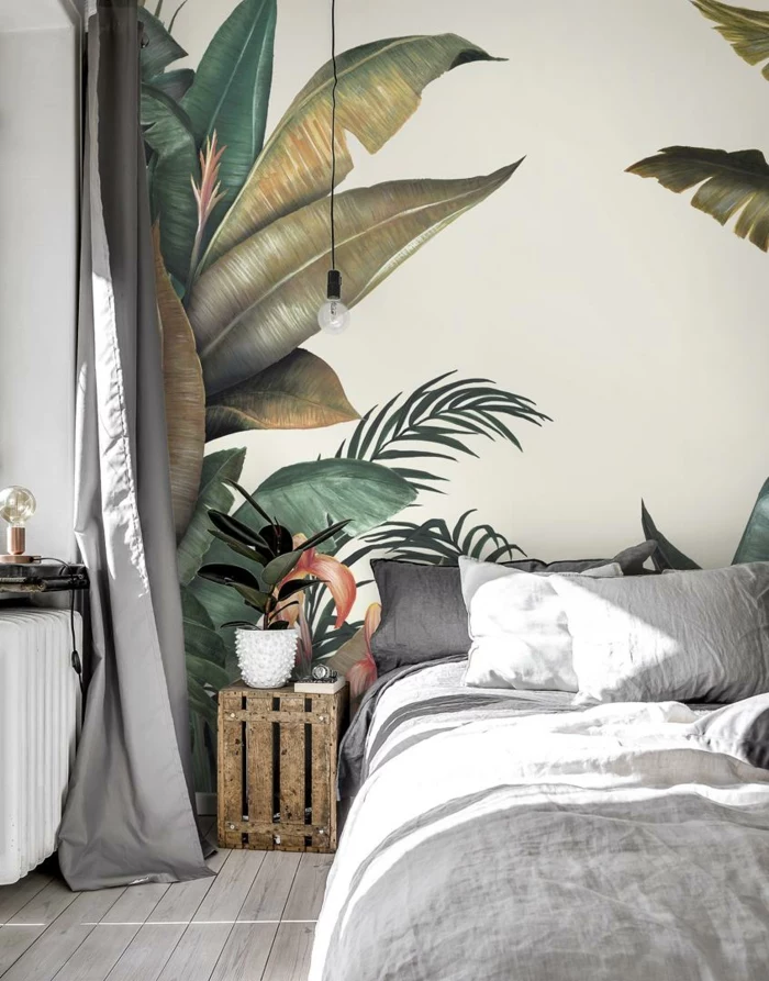 moderne Inneneinrichtung Schlafzimmer, Fototapeten mit tropischem Muster, Photowall de, Wandgestaltung Inspiration