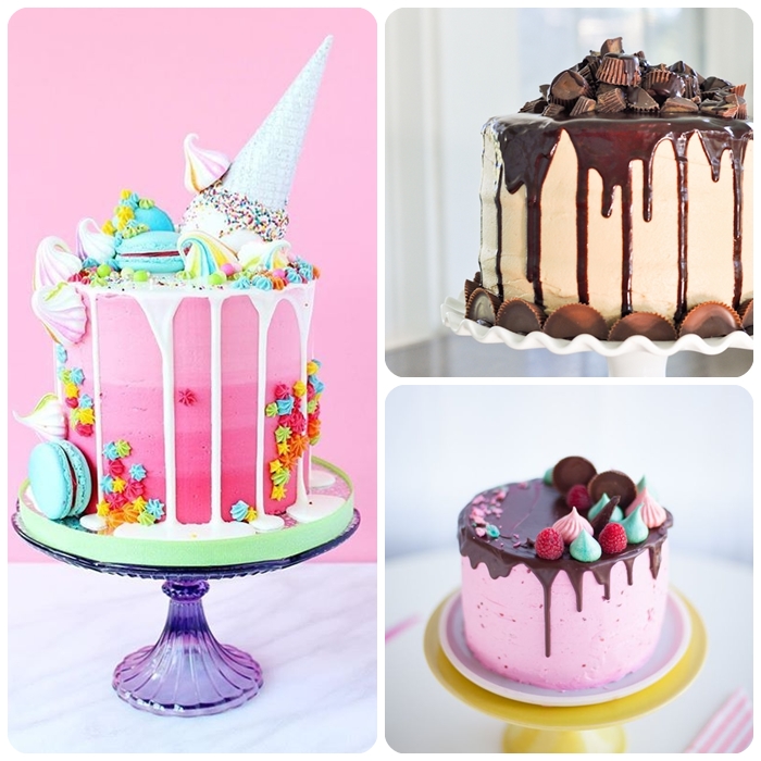 rosa torte, drip cake ideen, geburtstagstorte dekorieren, tortendekomit süßigkeiten