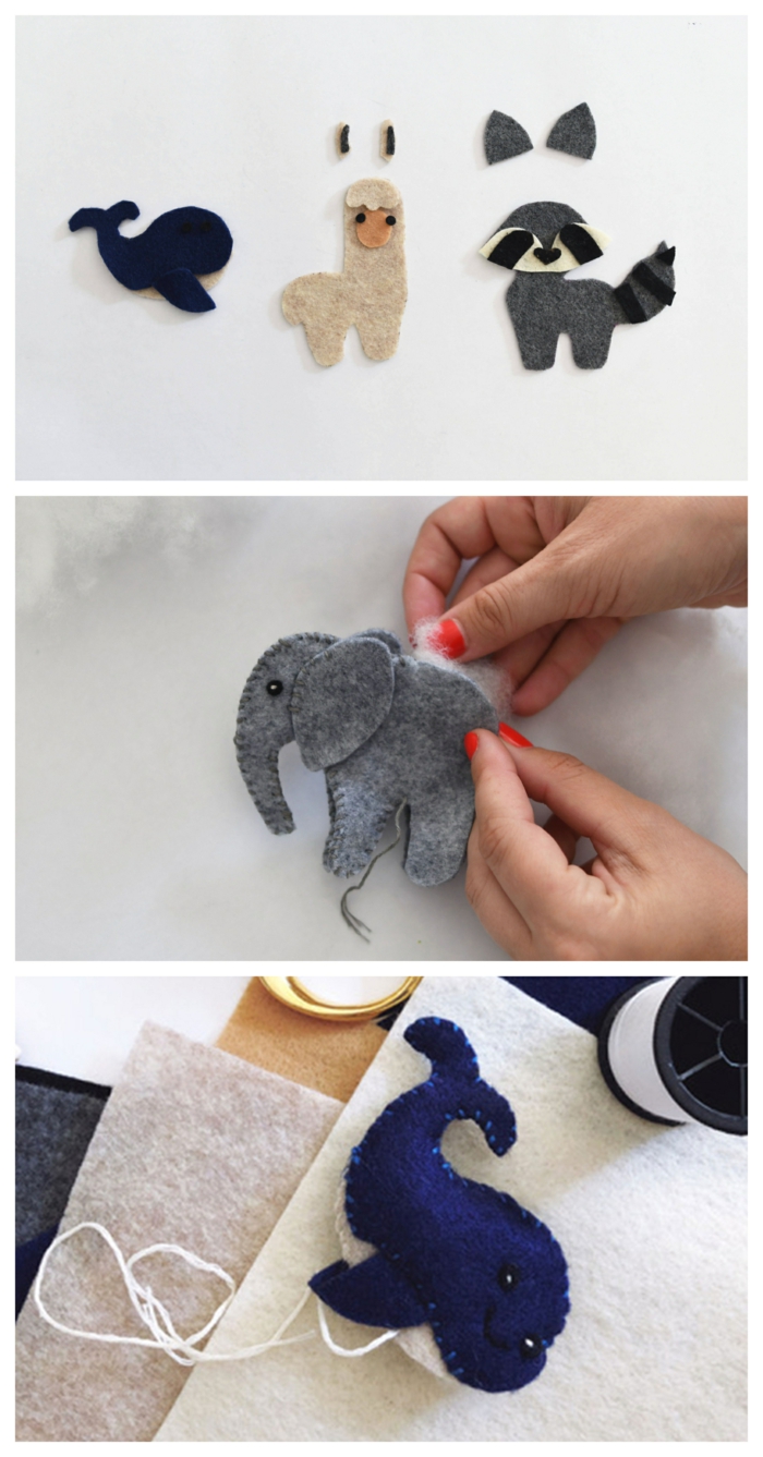 Kreatives Geschenk für beste Freundin, verschiedene Tiere aus Stoff basteln, Hand füllt kleinen Elefant mit Stoff, blauer Wal