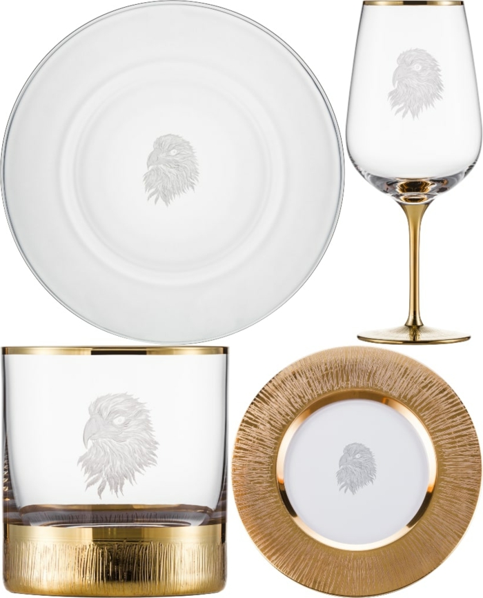 Collage von zwei Arten von Tellern, Kristallgläser für Whiskey und Rotwein, Glashütte Eisch