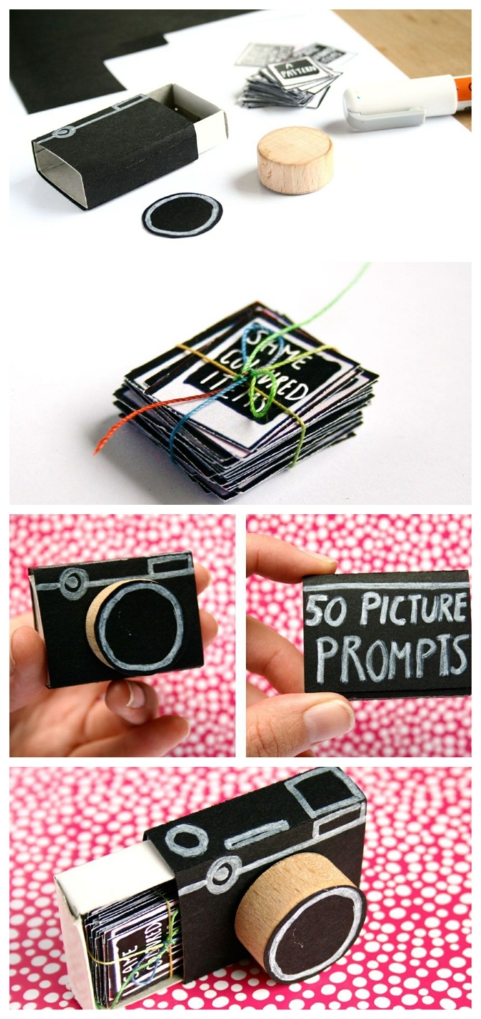 kleine Geschenke selbstgemacht, kleine Schachtel in der Form eines Fotoapparats, gefüllt mit kleinen Zettelchen,