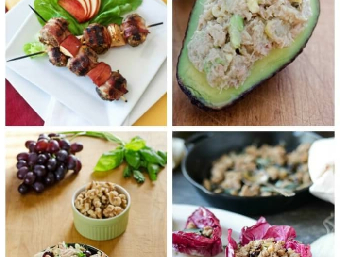 collage mit verschiedenen gerichten gefüllter avocado was ist paleo ernährung leckeres essen zubereiten