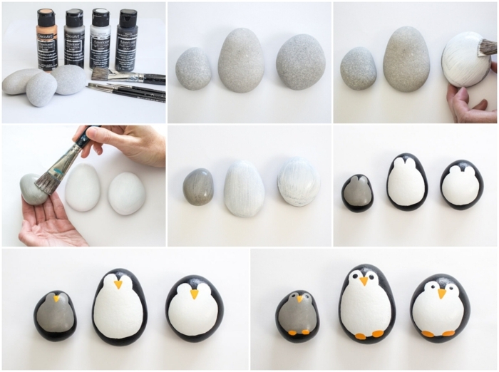collage schritt für schritt anleitung gartendeko selbstgemacht steine bemalen pinguine originelle dekoration für garten