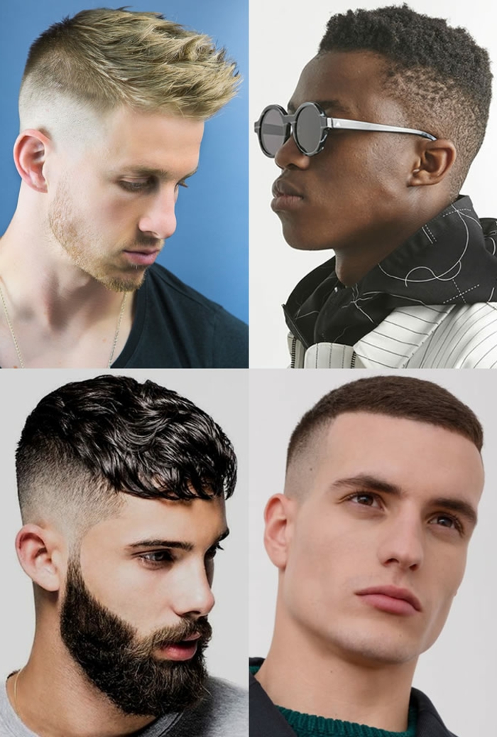 Männer Frisuren 2020, Collage von vier Herren mit konischem Haarschnitt, schwarze und blonde Haarfarbe, ein Mann trägt Sonnenbrillen