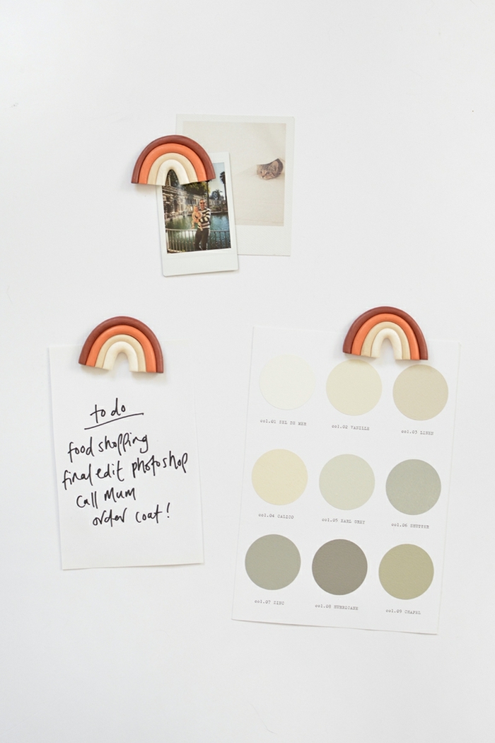 Foto und Aufgabenliste befestigt mit Magneten auf eine Wand, selbstgemachte Geschenke von Kindern für Papa, bunte Regenbogen Magneten aus Ton