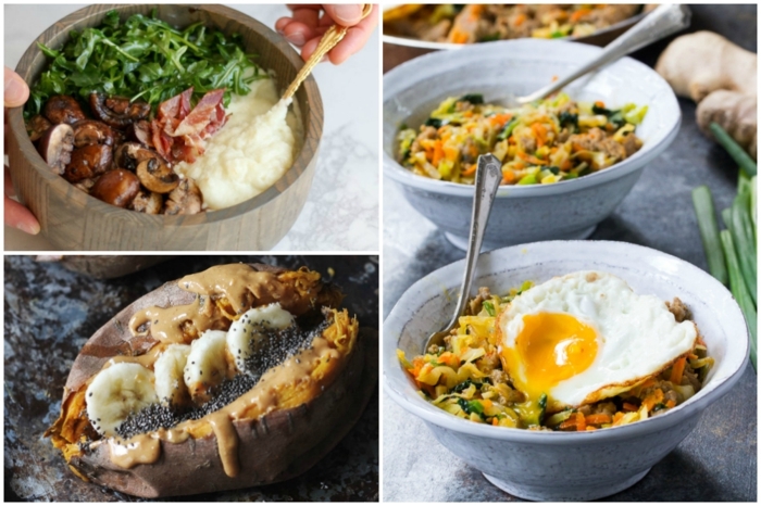 ideen für paleo frühstück collage mit gerichten mit ei süßkartoffel leckere rezepte steinzeitdiät