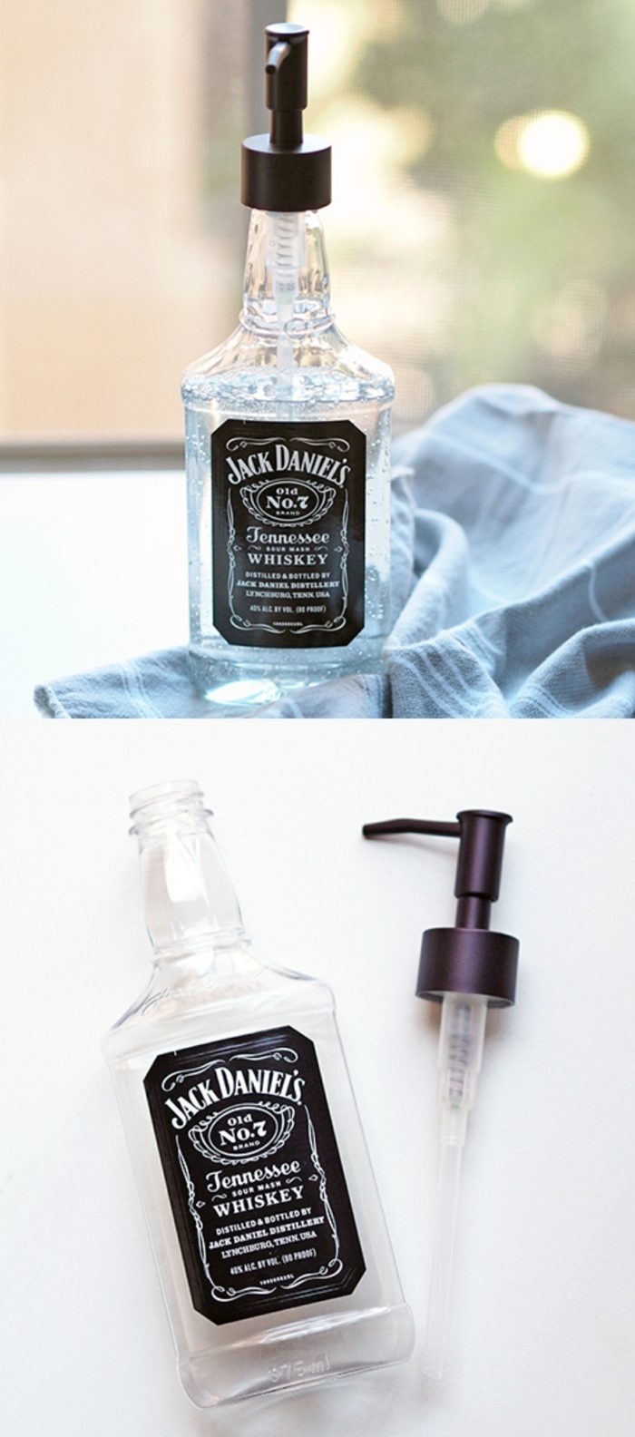 upcycling Ideen, Seifenspender aus alter Whiskey Flasche Jack Daniels, selbstgemachte Geschenke von Kindern für Papa, 