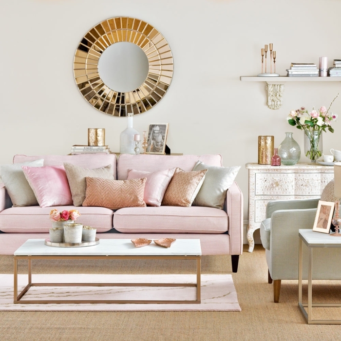 0 wandfarben ideen wohnzung dekorieren wohnzimmer gestalten sonnenspiegel als wanddeko zimmer streichen zimmergestaltung in rosa und weiß
