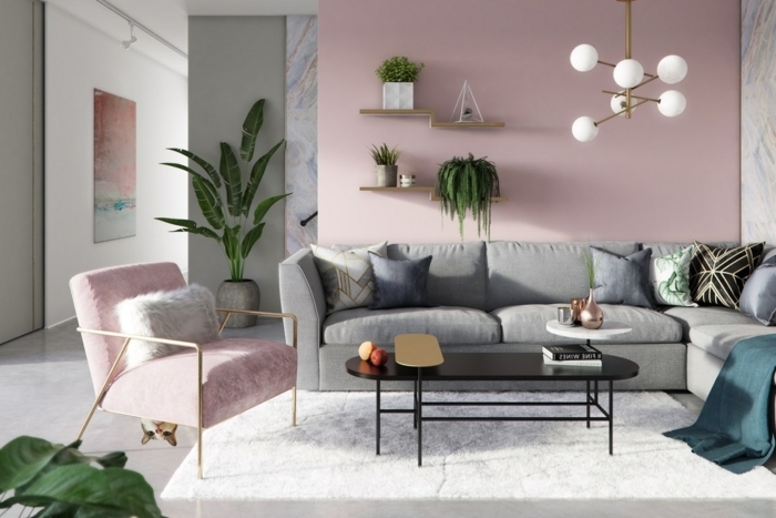 4 wohnzimmer ideen wandgestaltung moderne einrichtung in grauund rosa zimmerdeko ideen wohnzimmerdeko zimmer streichen