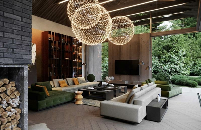 4 wohnzimmer ideen wandgestaltung wohnung einrichten einrichtungsideen designer möbel große pendelleuchten wohnzimmerbeleuchtung