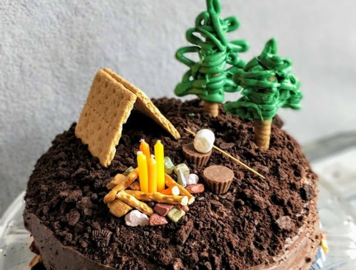 ausgefallene kuchen für kindergeburtstag camping motto schokoladenkuchen mit kreativer dekoration