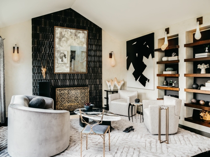 außergewöhnliche wandgestaltung wandfarbe trend 2020 wohnzimmer luxuriöse zimmereinrichtung designer möbel wohnzimmergestasltung in weiß und schwarz