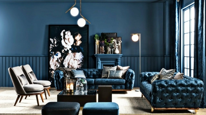 außergewöhnliche wandgestaltung wohnzimmer designer einrichtung in dunkeblau und weiß wohnzimmerbelecuhtung zmmerdeko ideen großes bild