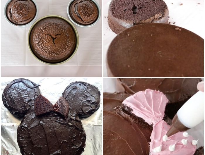 diy schritt für schritt anleitung minnie mouse torte mit pinker schleife ausgefallene kuchen für kindergeburtstag schokoladenkuchen