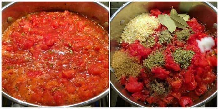 ein topf mit basilikum salz thymian und viele kleine rote gehakte tomaten eine schritt für schritt anleitung für tomaten einkochen