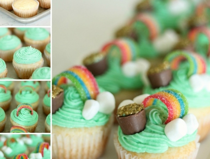 grüne cupcakes mit regenbogen und topf mit gold originelle ideen für geburtstagsfeier kinder muffins