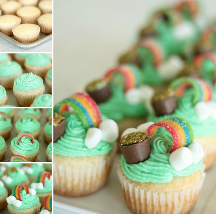 grüne cupcakes mit regenbogen und topf mit gold originelle ideen für geburtstagsfeier kinder muffins