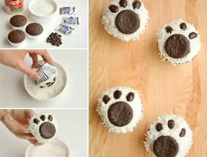 leichte cupcakes kinder muffins bär pfoten verzieren mit keksen und kokosnussflocken diy anleitung schritt für schritt