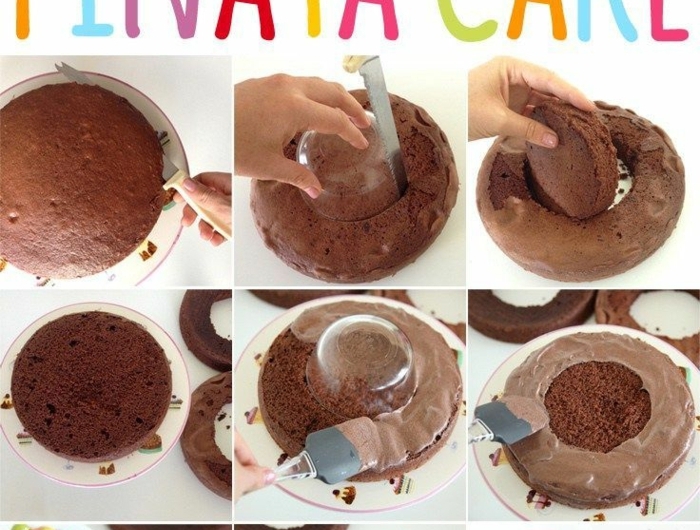 pinata kuchen diy anleitung schritt für schritt schokoladenkuchen gefüllt mit bonbnons geburtstagstorte selber machen