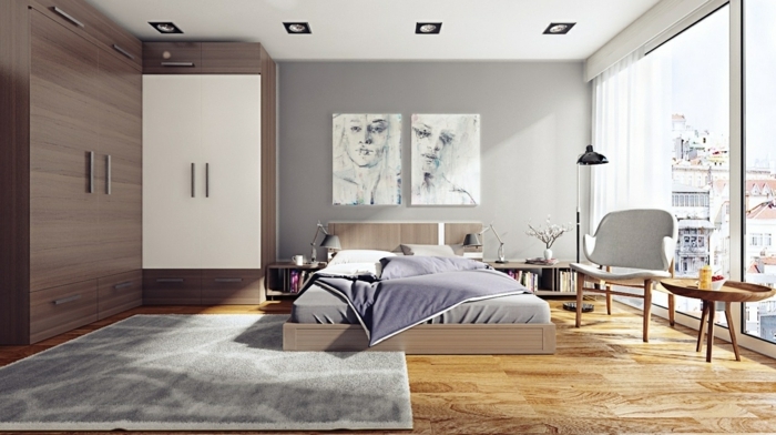 schlafzimmer streichen ideen moderne zimmereinrichtung boden aus holz graue wände helle farben wandgestaltung mit farbe