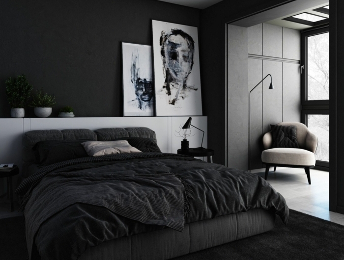wandfarbe schlafzimmer beispiele schlazimmergestaltung in schwarz und weiß wanddeko mit bilder schwarze wände wandgestaltung mit farbe