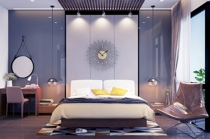 wandfarben ideen für das schlafzimmer schlafzimmerdeko in lila schlafzimmerbeleuchtung wanddeko uhr