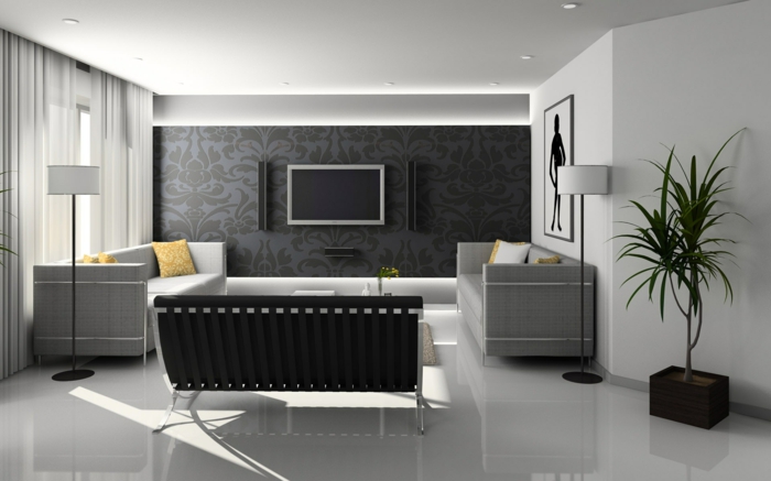 2 wanddekorationen ideen außeregewöhnliche wanddeko in grau wohnzimmer dekorieren schwarze wandtapete