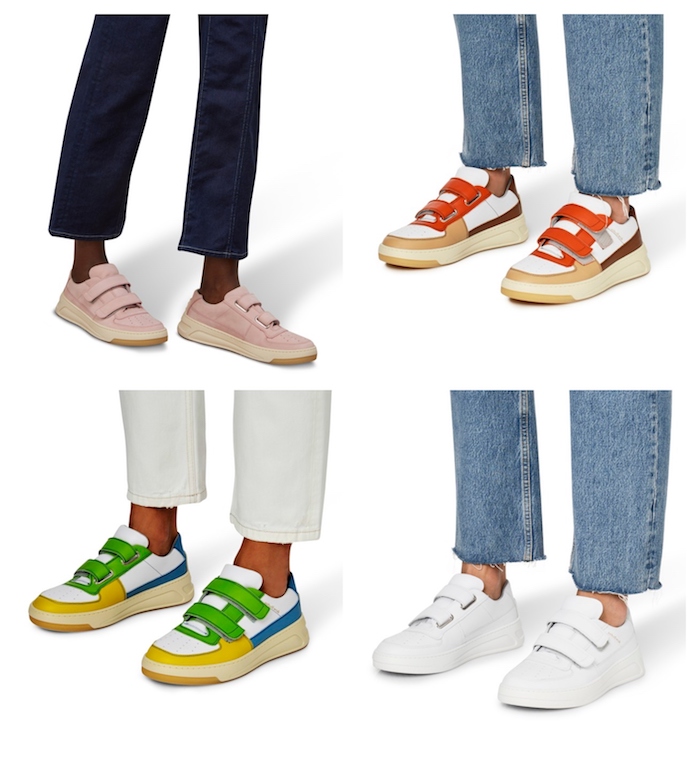 acne studios schuhe bunte weiße und pinke sneakers mit jeans outfit inspiration