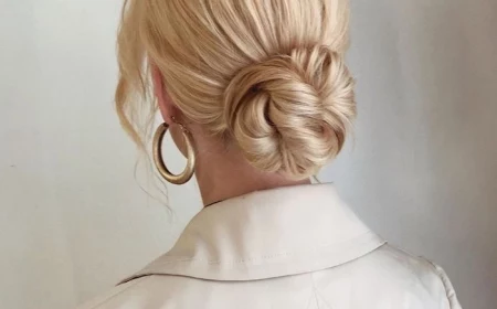 blonde haare mit strähnen goldene ohrringe beiger trench coat elegante hochsteckfrisur dutt frisuren 2020 hochzeit inspiration