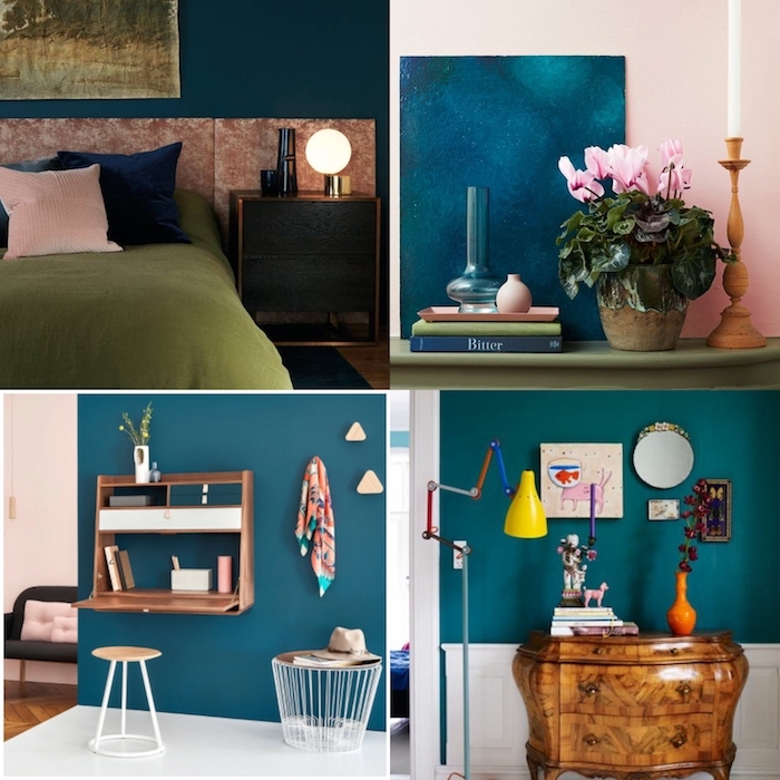 collage wandfarbe trends 2020 inspiration welche farbe passt zu wandfarbe blau grüne pinke töne schrank aus holz grüne bettdecke