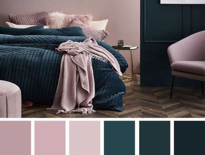 farbpalette blau kombination mit nuance von grün und rosa schlafzimmer einrichten pinker sessel und kissen inneneinrichtung ideen