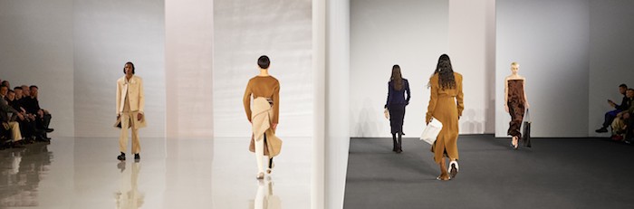 fashion show acne studios models auf dem laufsteg minimalistische outfits in braunen tönen