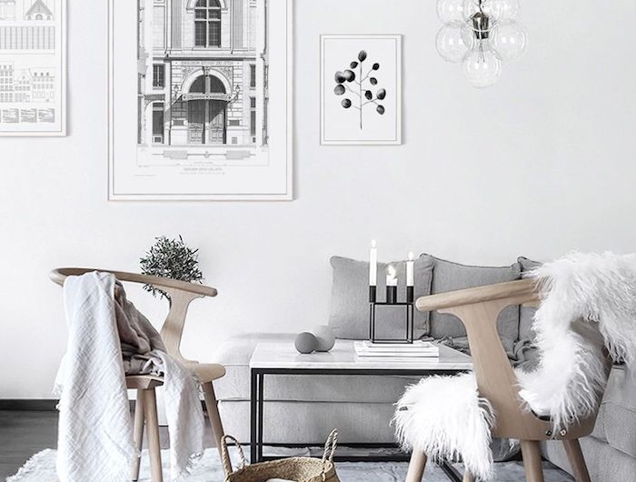 flauschige decke holzstühle moderne inneneinrichtung skandinavischer wohnstil graue und beige farben minimalistische dekoration dunkler holzboden moderne hängende lampe
