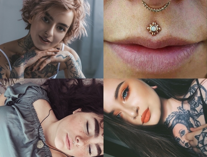 inspiration collage mit ideen für piercing medusa frauen mit vielen tattoos am körper nasenringe und piercing schwarze und blonde haare
