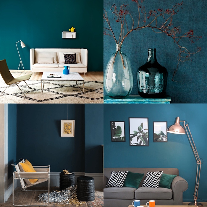 inspiration ideen wandfarbe petro wohnzimmer interior design gelbe akzente grauer couch mit grünen kissen