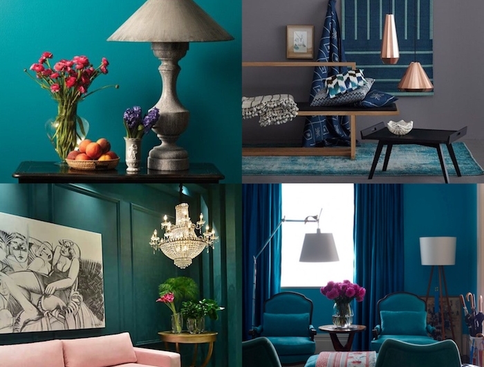 petrol farbe für die wande inneneinrichtung wohnzimmer inspiration und ideen pinker couch kupfer lampen blaue gardinen