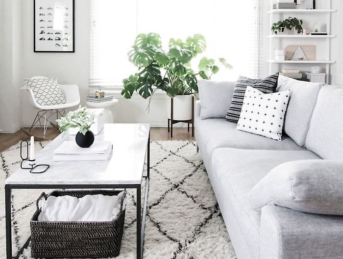schwarz weißer teppich minimalistische innenausttatung großer sofa in grau skandinavische einrichtung wohnzimmer modern deko grüne pflanze