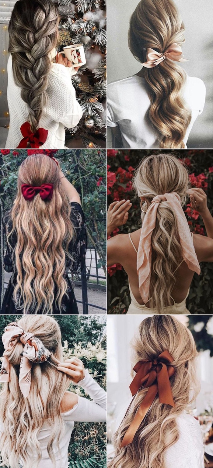 collage inspiration halboffene brautfrisuren lange haare blond mit strähnen frisuren mit schleife im haar halb hoch halb unten stylische ideen haarfrisuren hochzeit