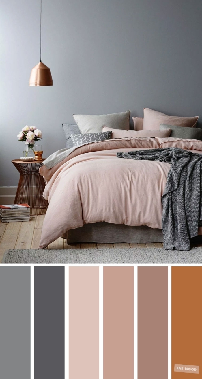 farbe malve passende töne schlafzimmer gestalten graue wände hellrosa bettwäsche